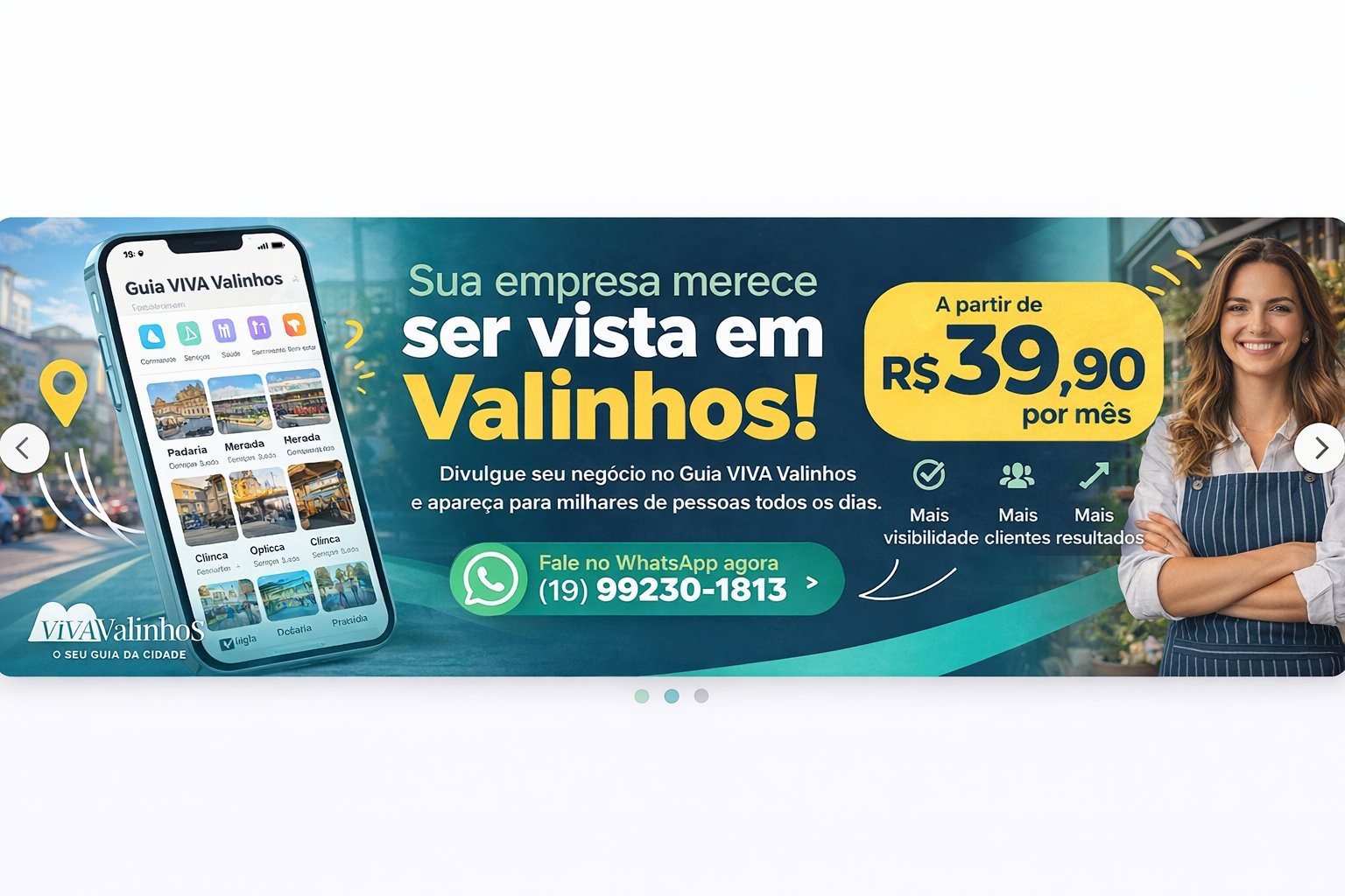 Advertisement banner for Guia VIDA Valinhos business directory service featuring a smartphone mockup, professional woman, and pricing of R$39.90 per month